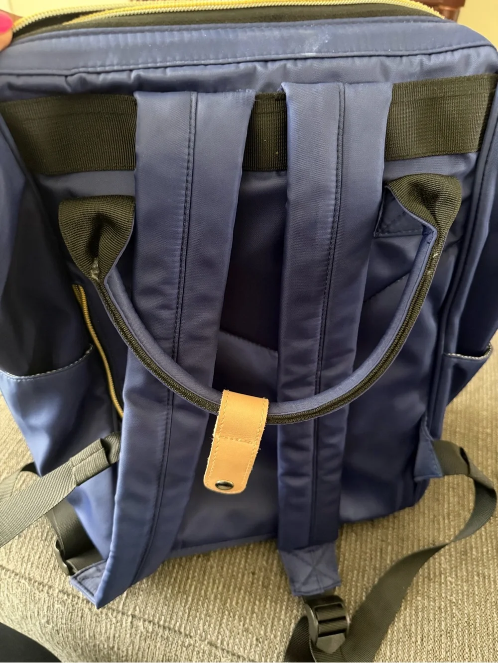 Mouvo Navy Blue Backpack with Tan Logo Patch